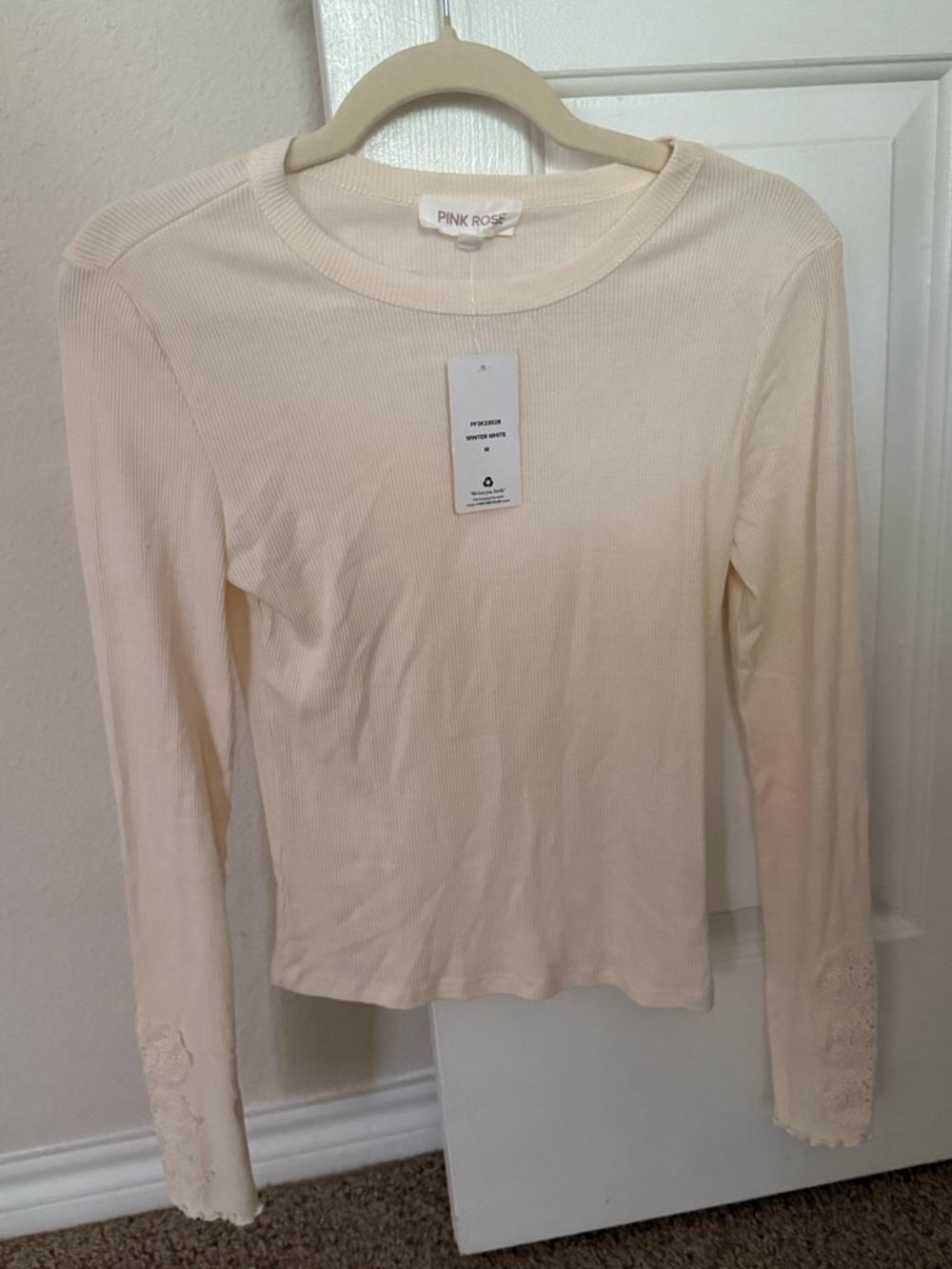 Pink Rose Cream Long Sleeve Ribbed Tee with Lace Cuffs